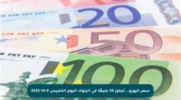 سعر اليورو.. تجاوز 55 جنيهًا في البنوك اليوم الخميس 9-10-2025